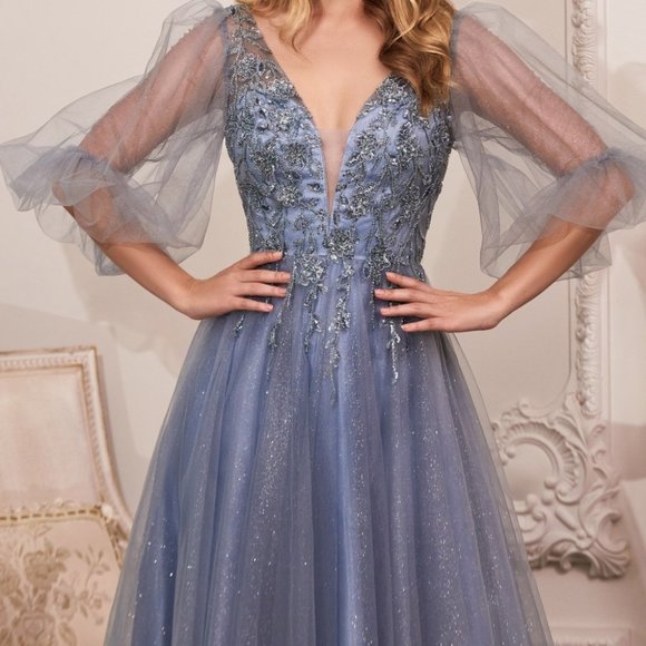 Cinderella Dresses & Skirts - SMOKEY BLUE  PROM PARTY PUFFY SLEEVES A-LINE GLITTER TULLE A-LINE DRESS CD0182